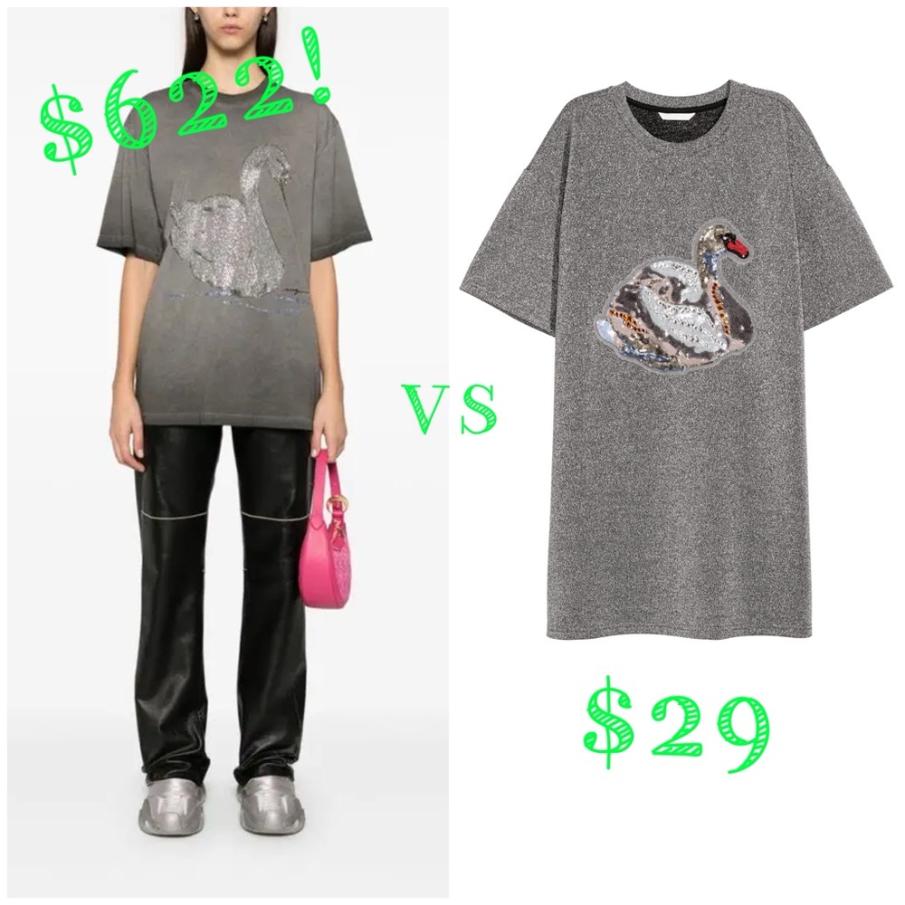 Metallic Sequined Swan Tee Shirt Long Top